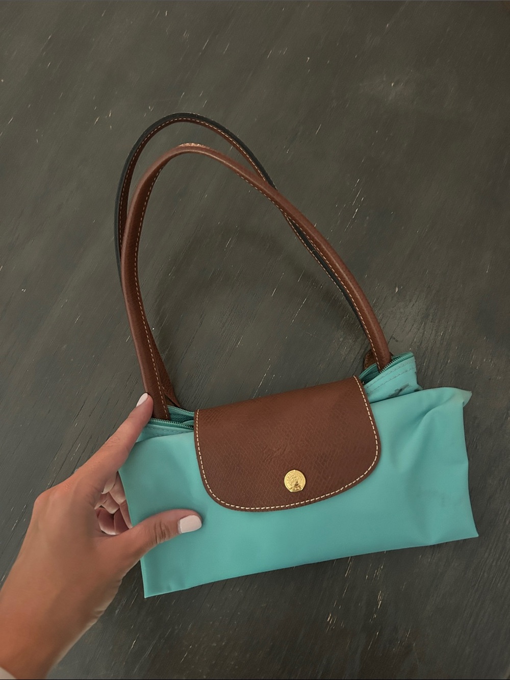 Longchamp Medium Shoulder Bag in Teal with Brown Trim